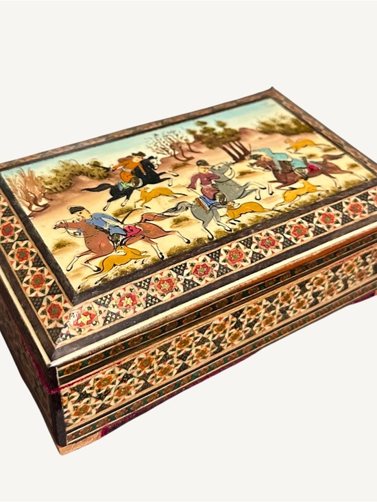 Antique Other - Antique Hand Painted Khatam Kari Persian Wood Micro Mosaic Inlay Hinged Box